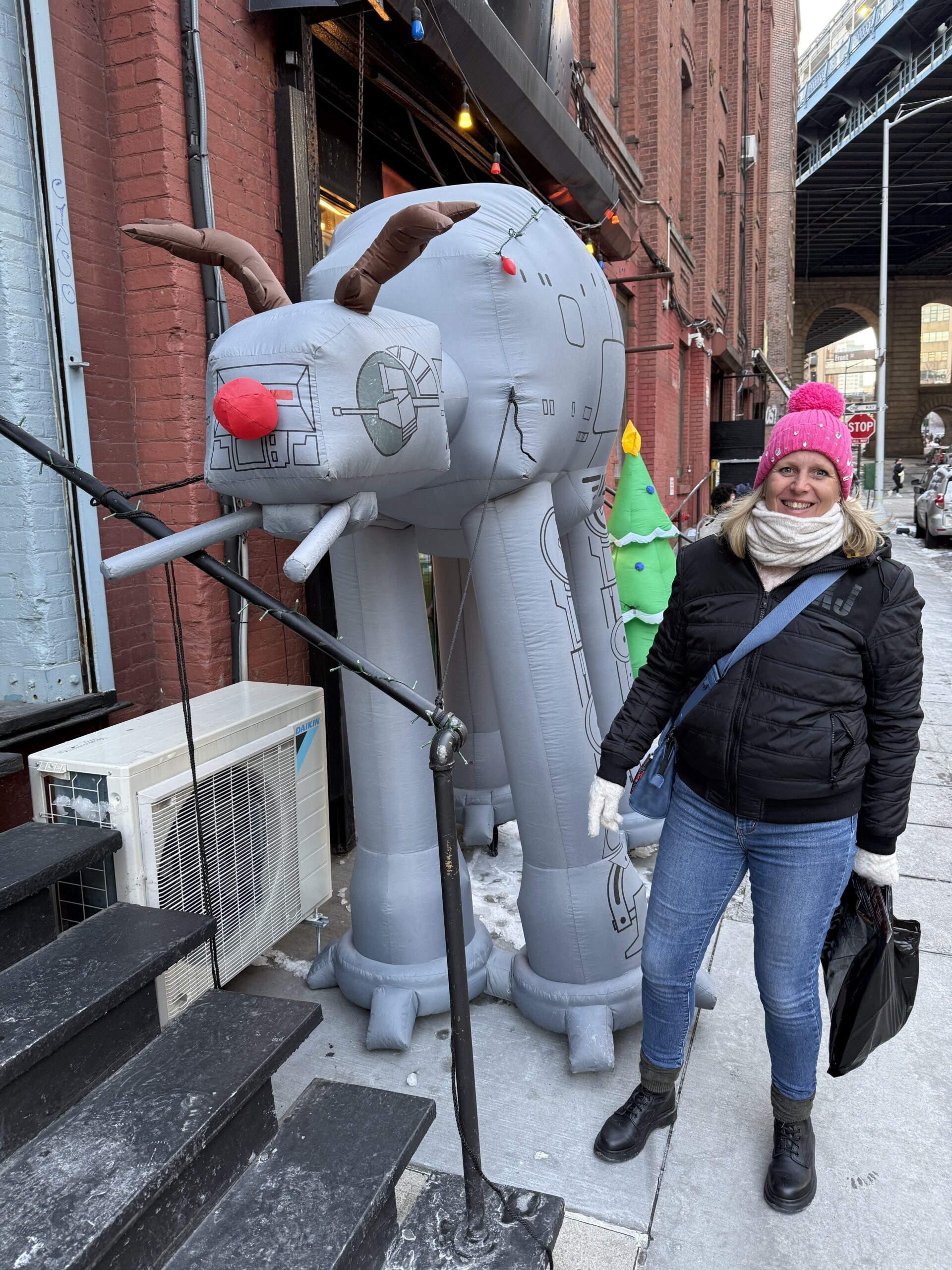 Brooklyn, New York — a woman standing next to a giant elephant