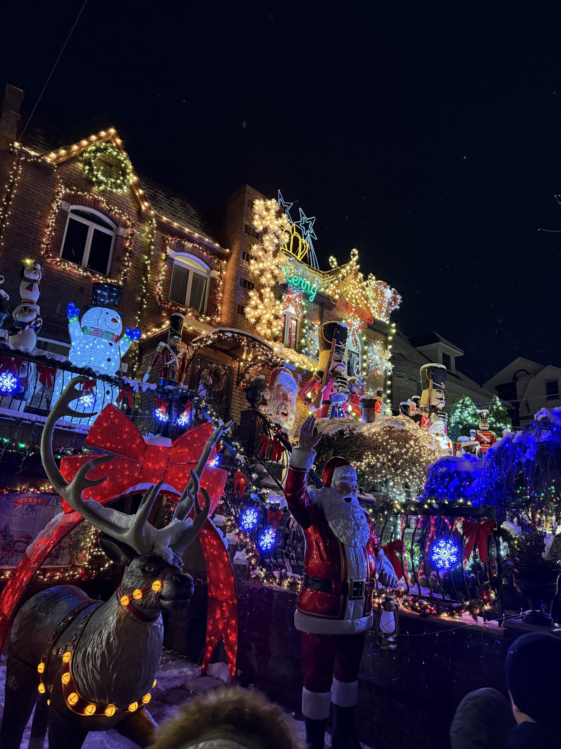 Brooklyn, New York — a group of people standing around a house decorated for christmas