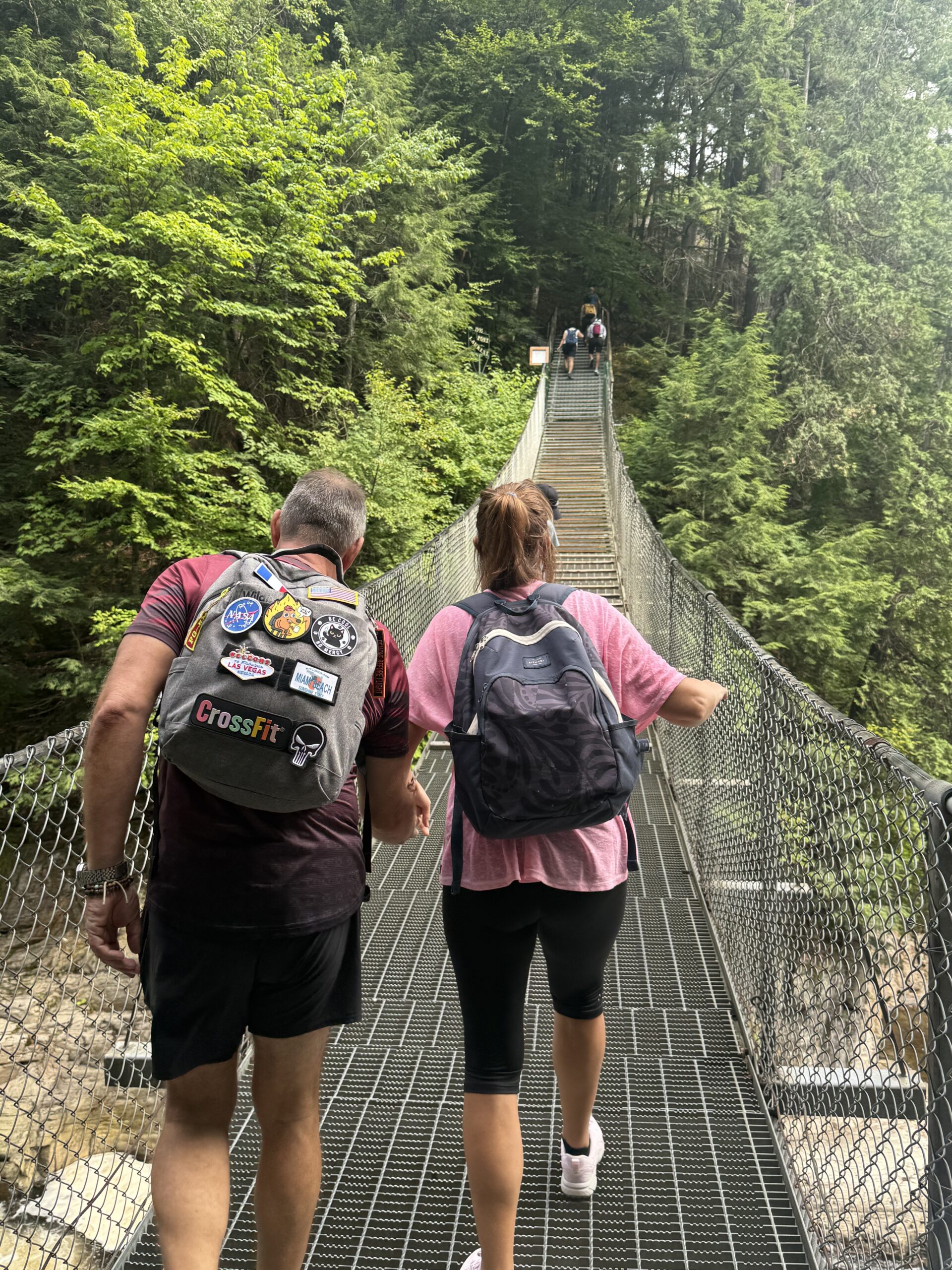 deux personnes traversant un pont suspendu en forêt, Saint-Ferréol-les-Neiges, Québec, Canada
