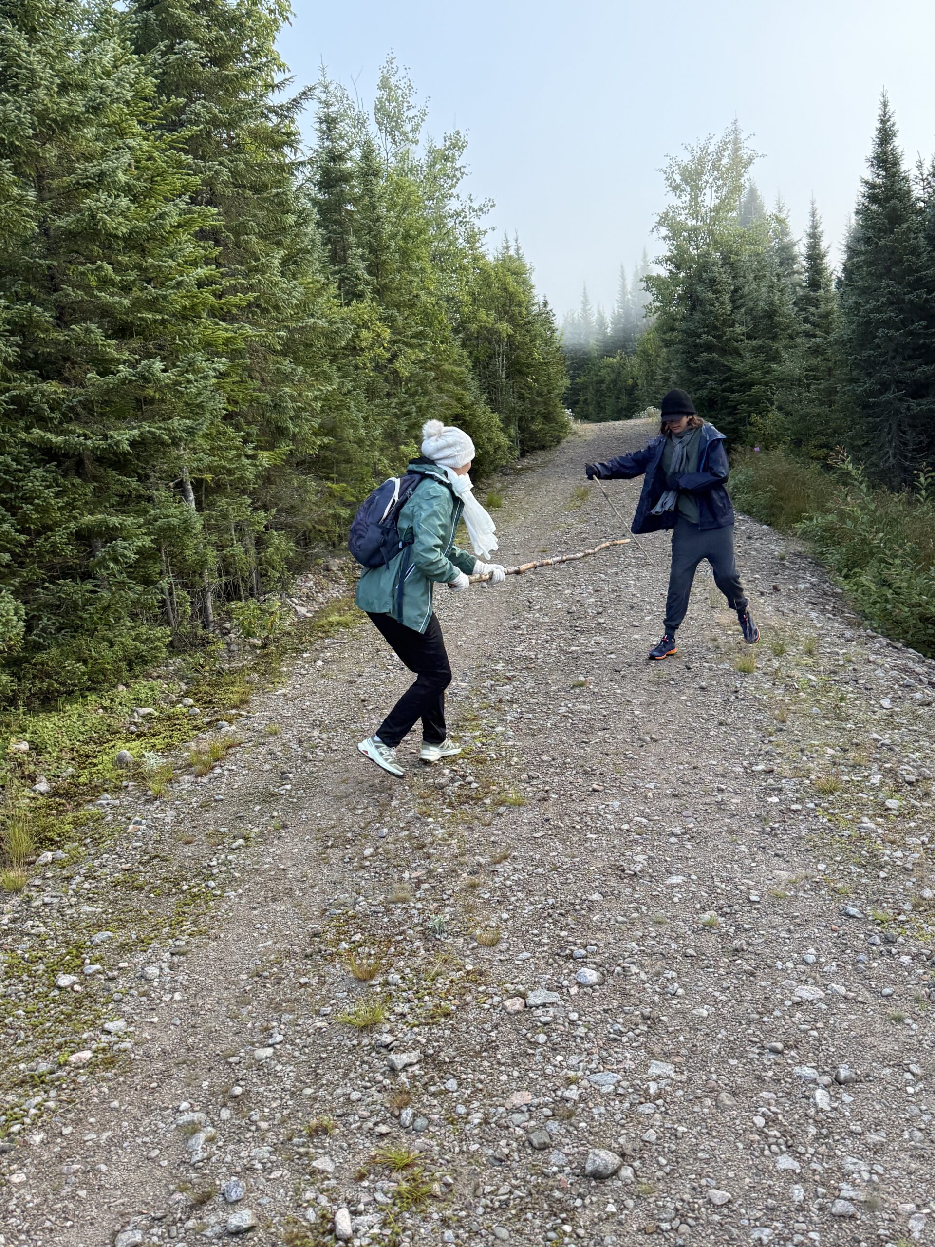 deux personnes marchent sur un sentier rocailleux, Lac-Jacques-Cartier, Québec, Canada