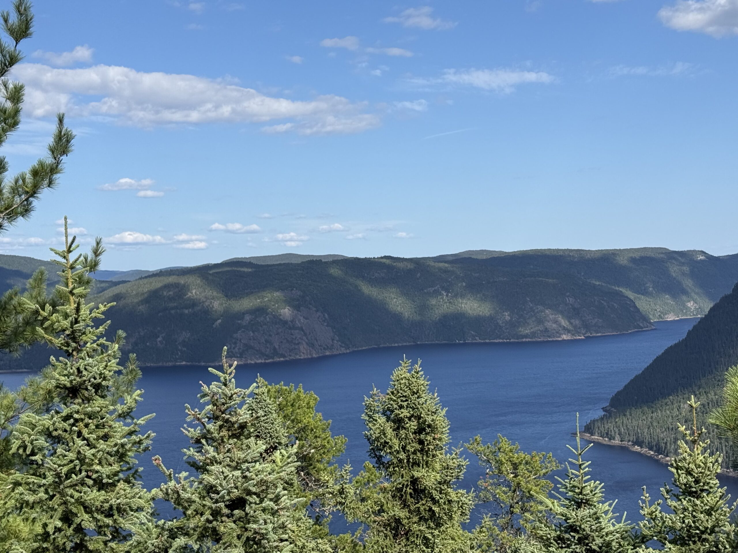 Une vue d'un lac et des montagnes depuis une colline, Rivière-Éternité, Québec, Canada