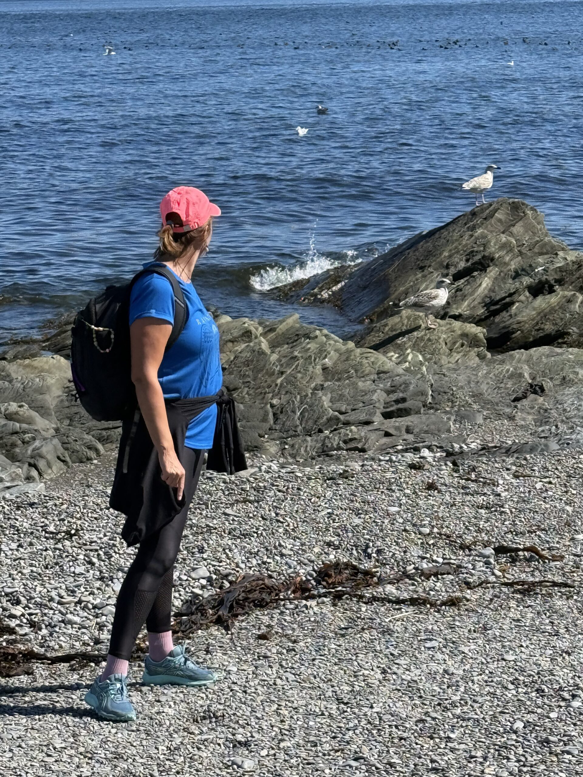 a woman walking on a rocky beach next to the ocean, Gaspé, Québec, Canada