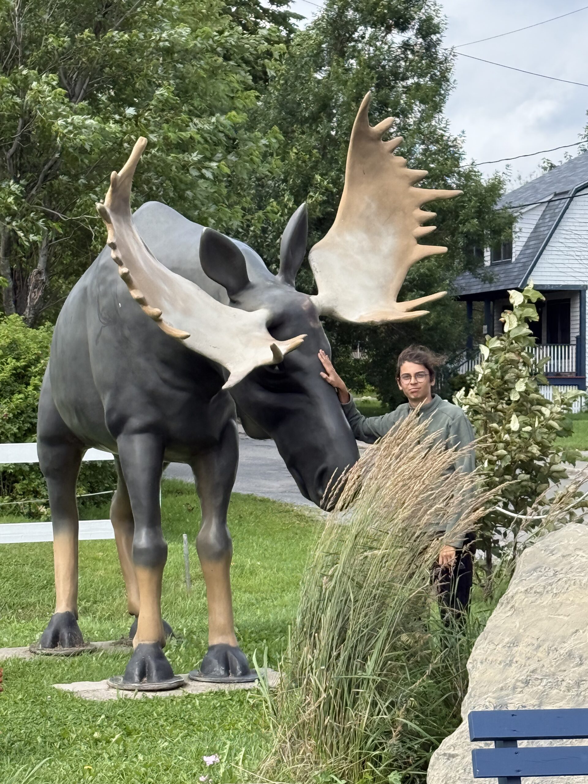 a man standing next to a statue of a moose, Percé, Québec, Canada