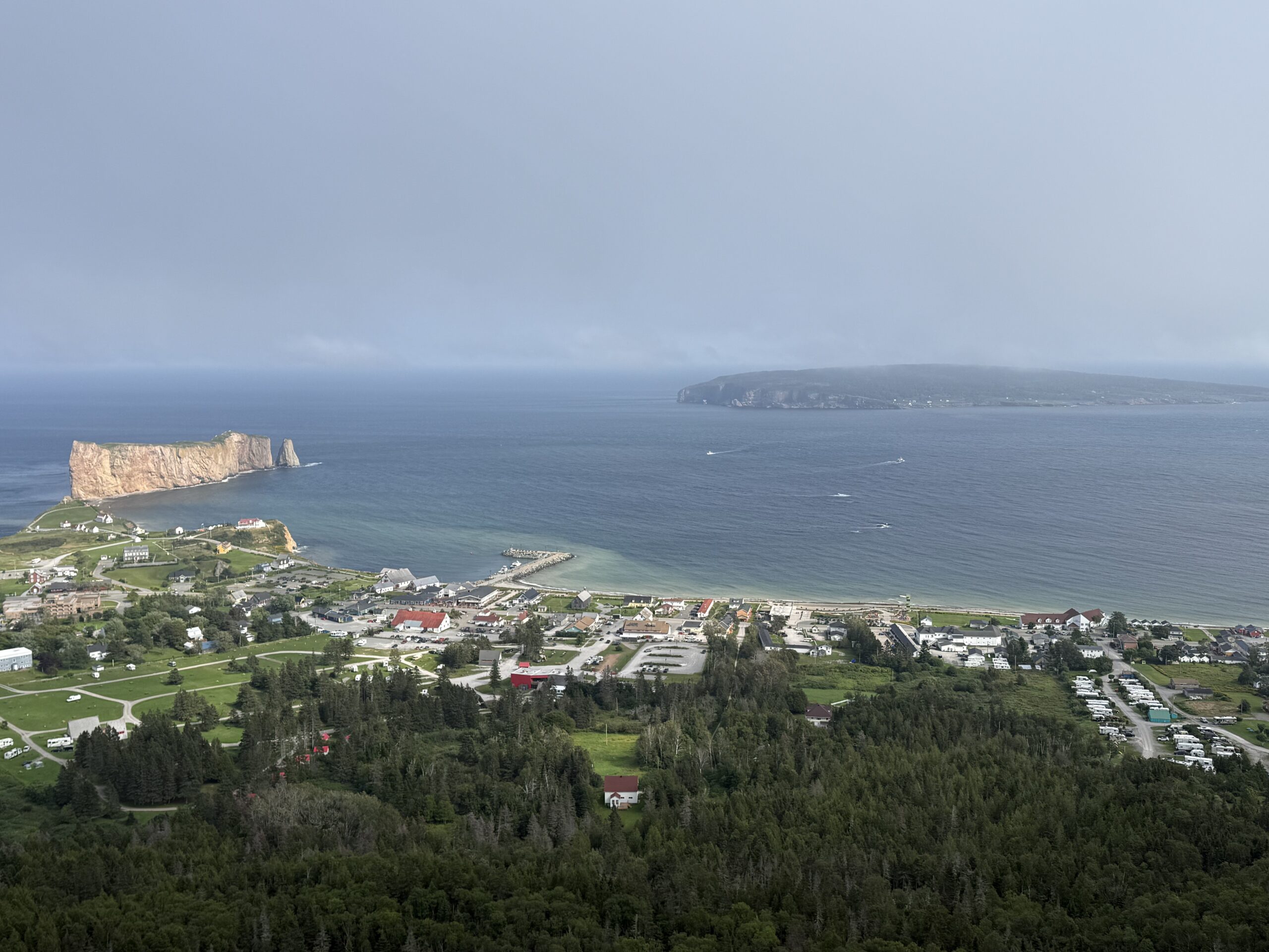 a view of a town and the ocean, Percé, Québec, Canada