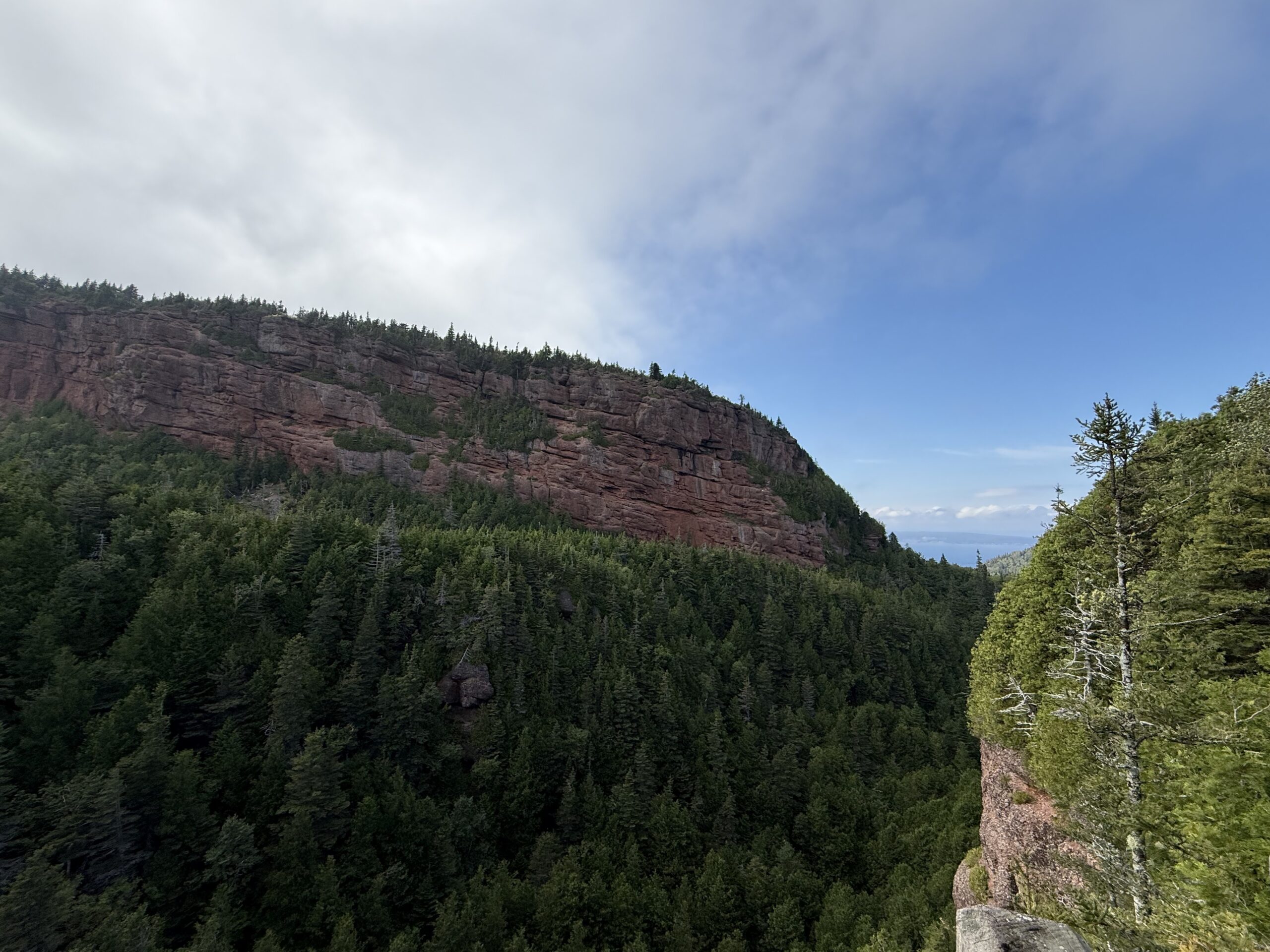 a view of a mountain with trees and a blue sky, Percé, Québec, Canada