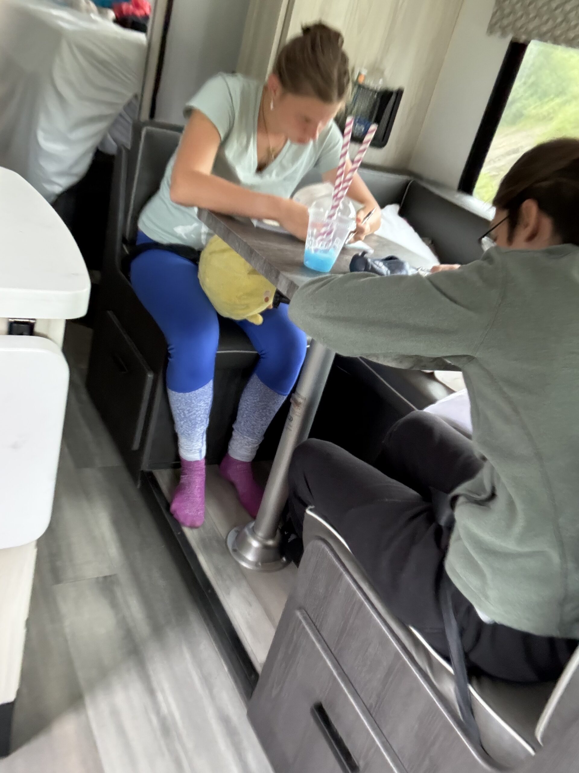 two people sitting in a bus with a table, Paroisse d'Addington, Nouveau-Brunswick, Canada