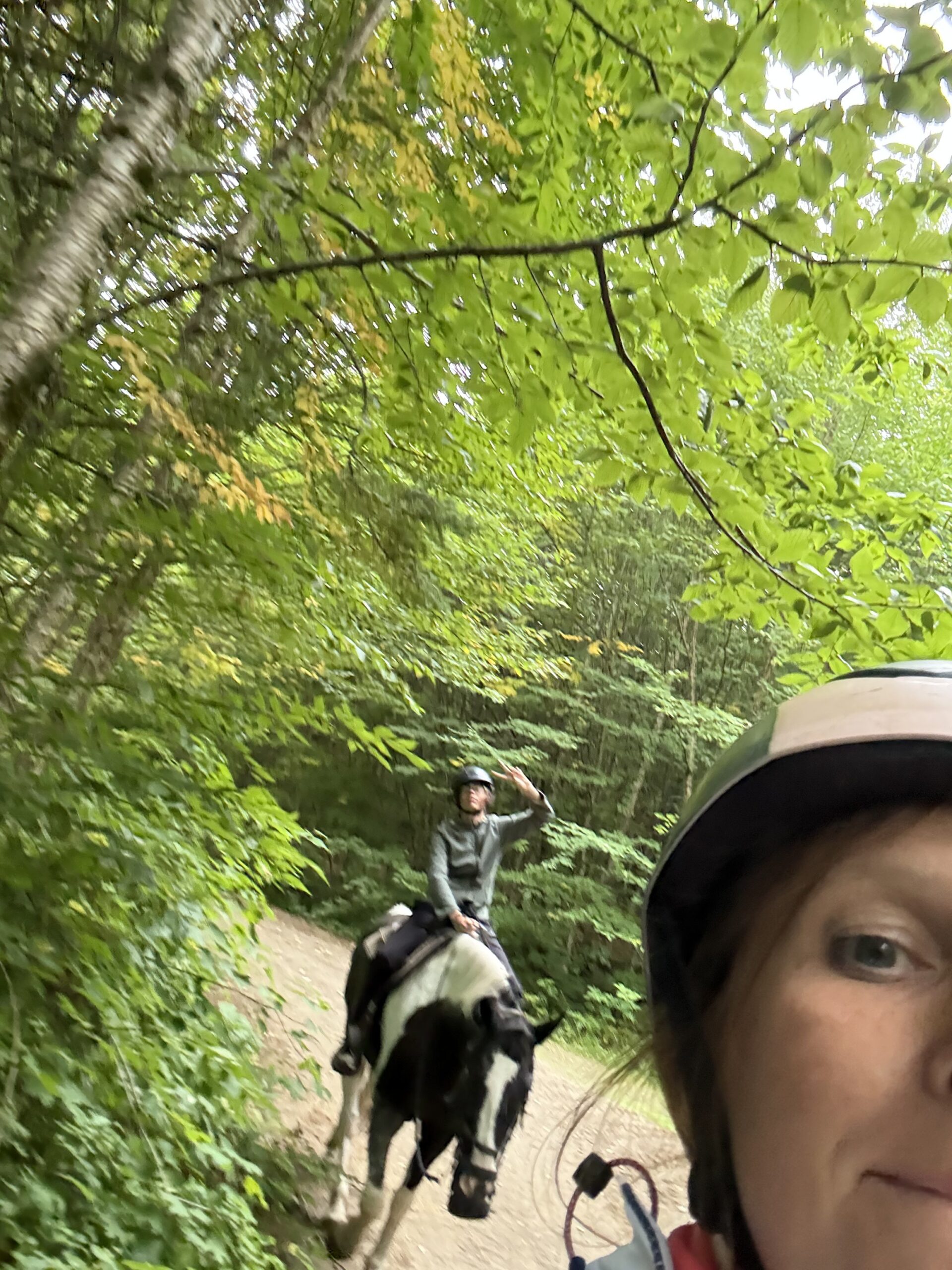 a woman riding a horse through a forest, Val-des-Lacs, Québec, Canada