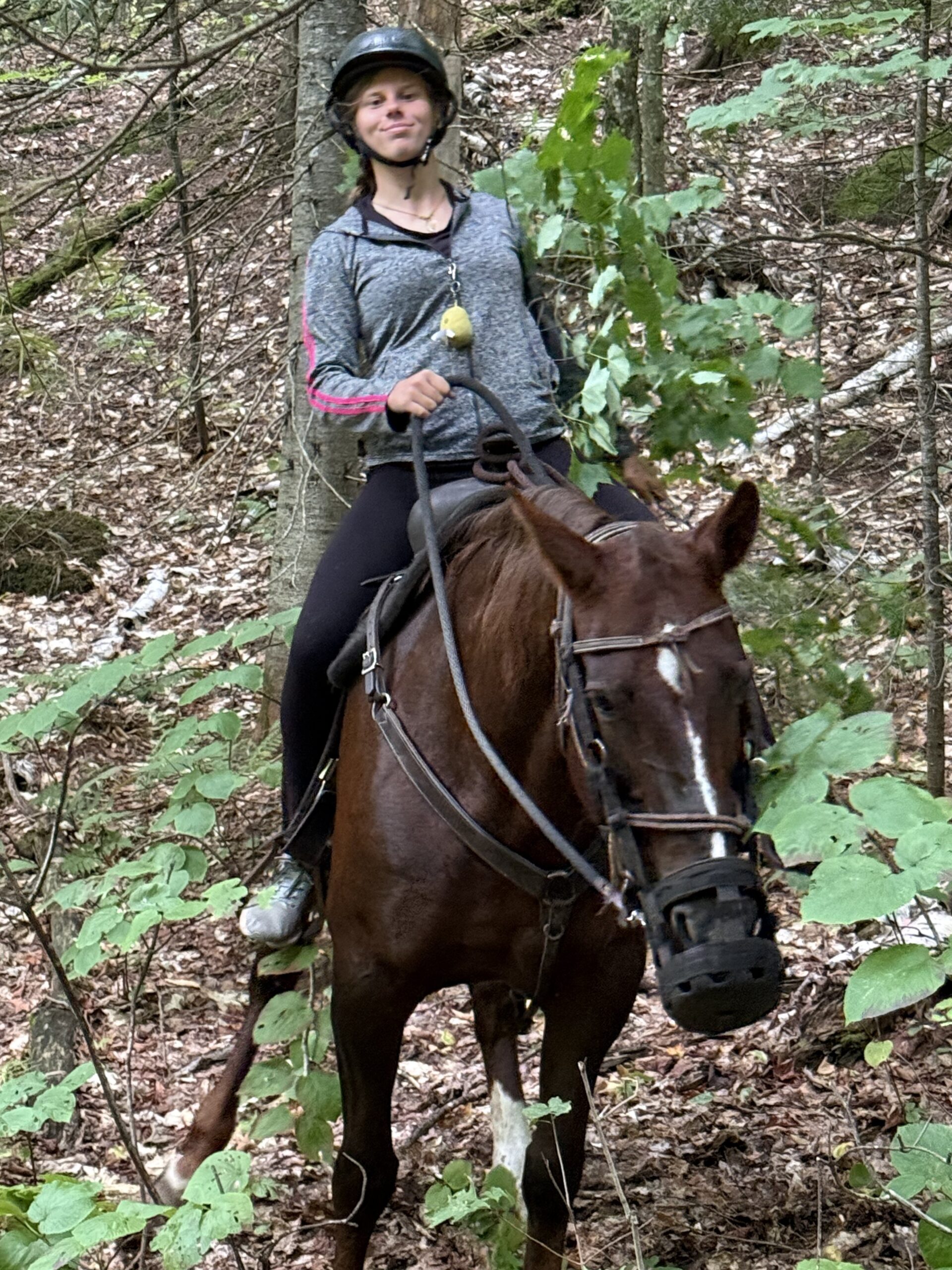 a woman riding a horse through a forest, Val-des-Lacs, Québec, Canada