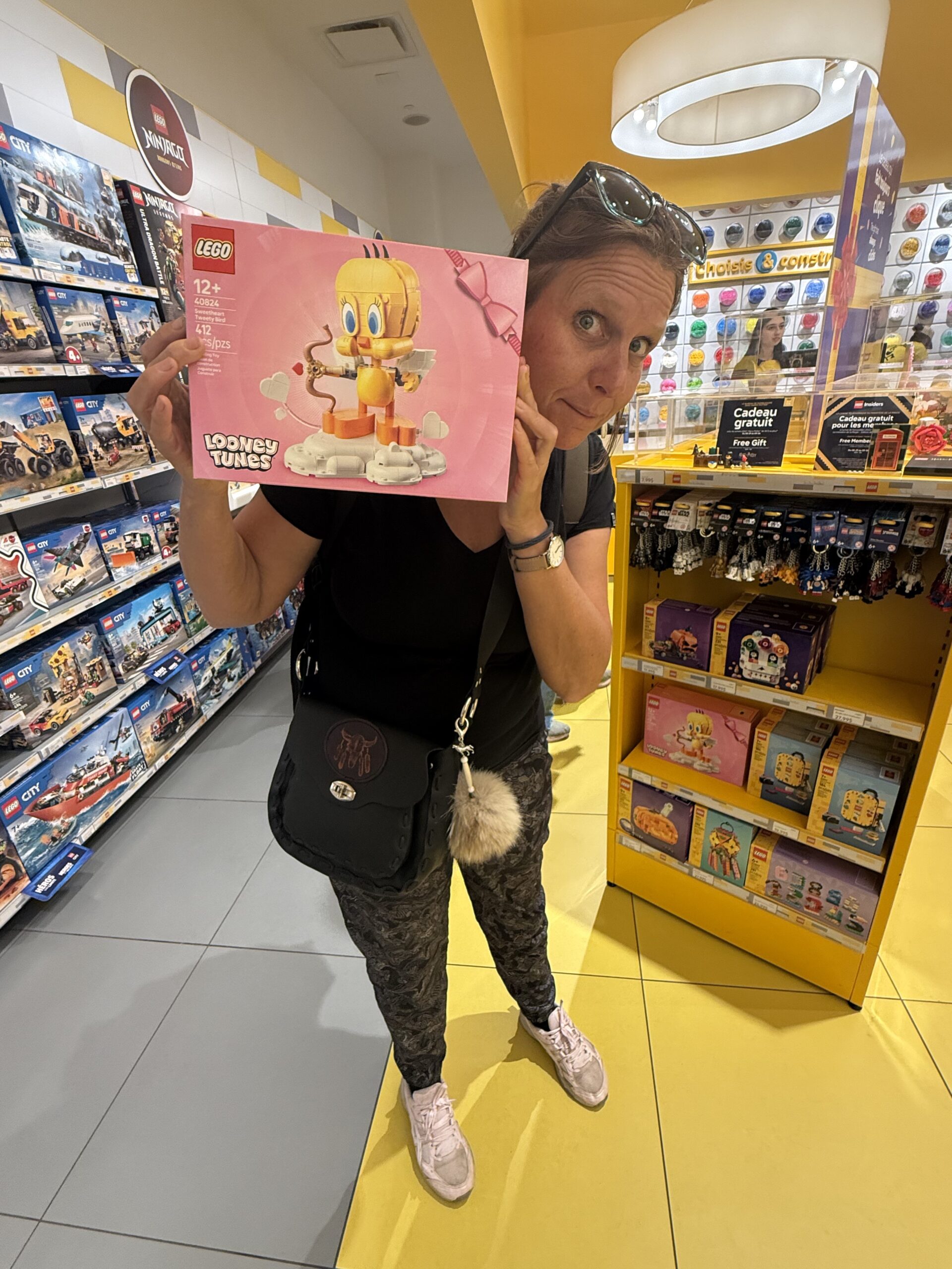 a woman holding a pink box of legos, Pointe-Claire, Québec, Canada