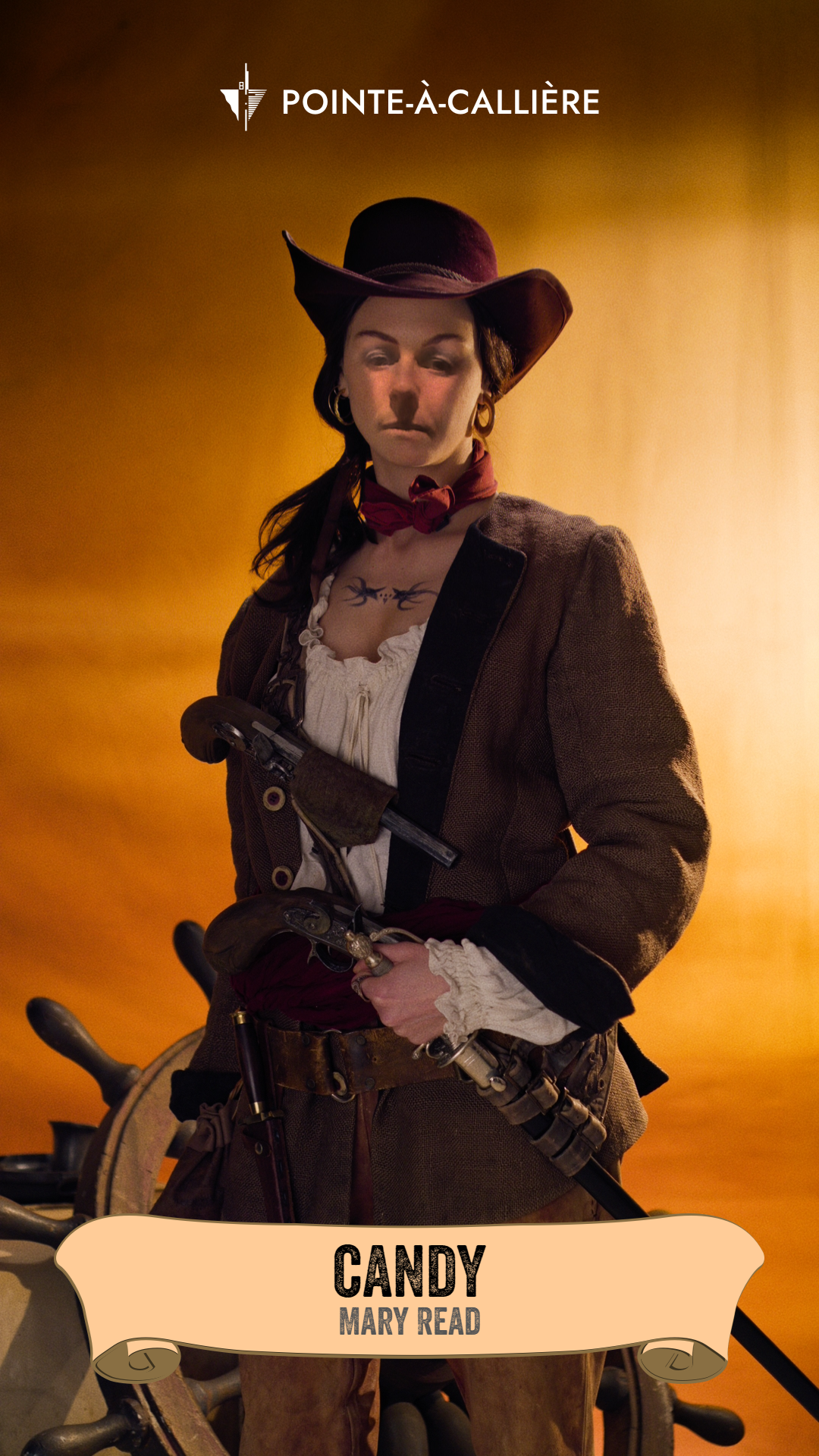 a woman dressed as a pirate with a gun